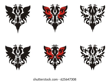 Two-headed eagle symbols. Heraldic eagle icons with crowns in red-black tones