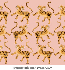 Two-headed golden tiger. Fantastic creature. Traditions and culture of Asia. Animal seamless pattern.