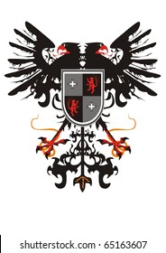 Two-headed heraldic eagle with a shield