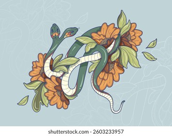 Two-headed snake intertwined with vibrant orange flowers, adding a touch of nature-inspired beauty and mystique, vector illustration on a 
blue-gray background