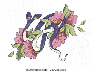 Two-headed snake intertwined with vibrant pink flowers, adding nature-inspired beauty and mystique. Tattoo design on a white background, perfect for ink lovers and artistic inspiration, vector clipart