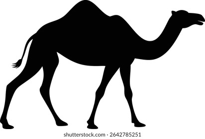 Dois-humped Bactrian camelo pé perfil voltado para a direita, mostrando uma silhueta preta contra um fundo branco limpo, gráficos vetoriais. Perfeito para elementos de design minimalistas.
