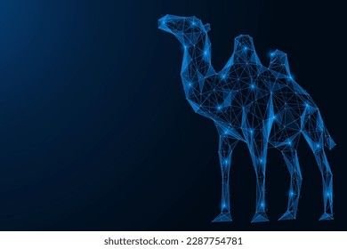 Two-humped camel. Polygonal design of interconnected lines and points. Blue background.