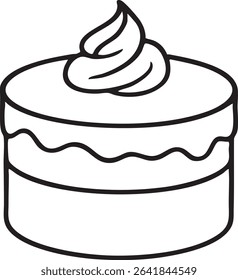 A two-layer cake with a dollop of cream on top, presented as a clean black and white line drawing.