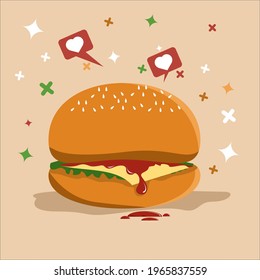 Zwei-Schichten-Hamburger-Illustration von Brot, Käse und Gemüse kann für Kinderbücher und Kochbücher für Mahlzeiten und Speisekarten sowie für andere grafische Entwürfe verwendet werden.