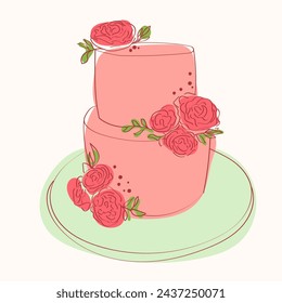 Two-layer pink cake adorned with intricate rose decorations on top. The cake appears to be hand painted with a delicate and detailed design