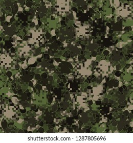 Two-layer seamless camouflage. The front layer is pixel. 
The background consists of dumbbell-shaped elements. Easy to edit.
