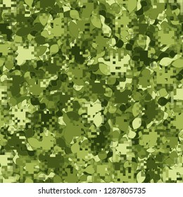 Two-layer seamless camouflage. The front layer is pixel. 
The background consists of dumbbell-shaped elements. Easy to edit.