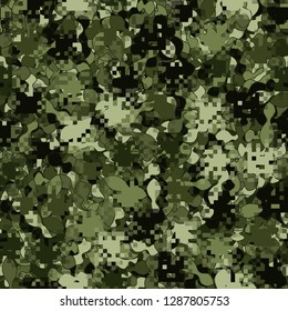 Two-layer seamless camouflage. The front layer is pixel. 
The background consists of dumbbell-shaped elements. Easy to edit.