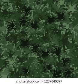 Two-layer seamless camouflage. The front layer is pixel. 
The background consists of long trapezoids. Easy to edit.