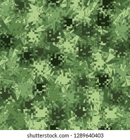 Two-layer seamless camouflage. The front layer is pixel. 
The background consists of long trapezoids. Easy to edit.