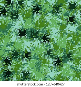 Two-layer seamless camouflage. The front layer is pixel. 
The background consists of long trapezoids. Easy to edit.