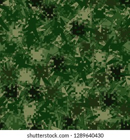 Two-layer seamless camouflage. The front layer is pixel. 
The background consists of long trapezoids. Easy to edit.