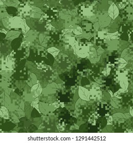 Two-layer seamless camouflage. The front layer is pixel. 
The background consists of leaves. Easy to edit.