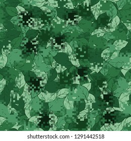 Two-layer seamless camouflage. The front layer is pixel. 
The background consists of leaves. Easy to edit.