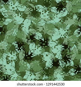 Two-layer seamless camouflage. The front layer is pixel. 
The background consists of leaves. Easy to edit.