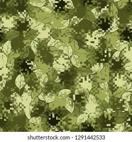 Two-layer seamless camouflage. The front layer is pixel. 
The background consists of leaves. Easy to edit.