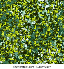 Two-layer twelve-color seamless camouflage. The top layer consists of colored pixels. 
The background consists of rounded squares. 
Easy to edit.