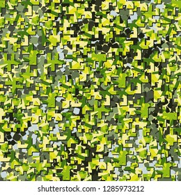 Two-layer twelve-color seamless camouflage. The top layer consists of colored pixels. 
The background consists of rounded squares. 
Easy to edit.