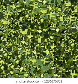Two-layer twelve-color seamless camouflage. The top layer consists of colored pixels. 
Background consisting of five-pointed stars, circles and transitional figures. Easy to edit.