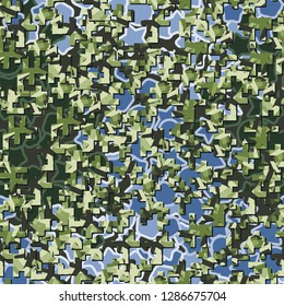 Two-layer twelve-color seamless camouflage. The top layer consists of colored pixels. 
Background consisting of five-pointed stars, circles and transitional figures. Easy to edit.