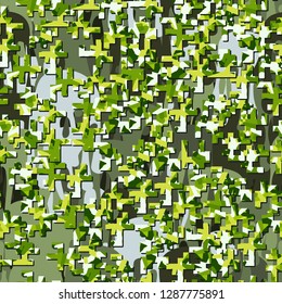 Two-layer twelve-color seamless camouflage. The top layer consists of colored pixels. 
Background consisting of flowing blots. Easy to edit.