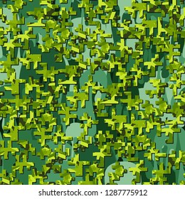 Two-layer twelve-color seamless camouflage. The top layer consists of colored pixels. 
Background consisting of flowing blots. Easy to edit.