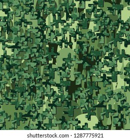 Two-layer twelve-color seamless camouflage. The top layer consists of colored pixels. 
Background consisting of flowing blots. Easy to edit.