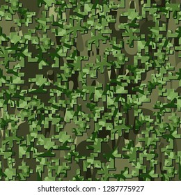Two-layer twelve-color seamless camouflage. The top layer consists of colored pixels. 
Background consisting of flowing blots. Easy to edit.