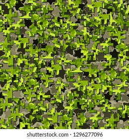 Two-layer twelve-color seamless camouflage. The top layer consists of colored pixels.
The background consists of rounded five-pointed stars. Easy to edit.