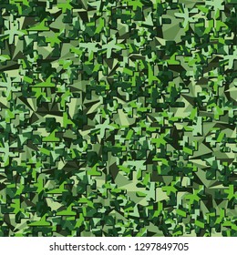 Two-layer twelve-color seamless camouflage. The top layer consists of colored pixels.
Background made up of acute-angled figures. Easy to edit.