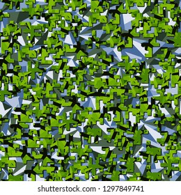 Two-layer twelve-color seamless camouflage. The top layer consists of colored pixels.
Background made up of acute-angled figures. Easy to edit.