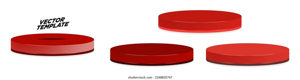 Two-layered red monochromatic 3d rendered platform podiums with shadows. Red product showcase platform. Showroom pedestals. Vector Illustration Mock up. EPS 10.