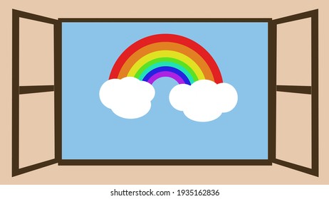 Two-leaf window that opens and you can see a sky with a rainbow between clouds as a sign of hope