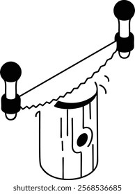 two-man saw cutting trunk from top to bottom isometric concept, woodcutter village party vector outline design, firewood or crafts Symbol, forest Deforestation products Sign,Lumberyard illustration