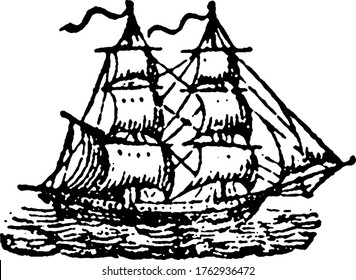 a two-masted square-rigged ship, typically having an additional lower fore-and-aft sail on the gaff and a boom to the mainmast, vintage line drawing or engraving illustration.