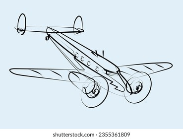 two-motor airplane line art drawing