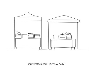 Two-night market food stalls. Night market one-line drawing