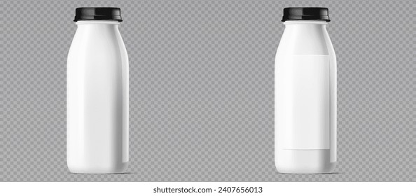 Envase de dos botellas de plástico blanco y brillante con tapones de rosca negros, ideal para yogur o leche. Aislada en una imagen vectorial blanca con un área de etiqueta en blanco frontal. Ilustración vectorial.