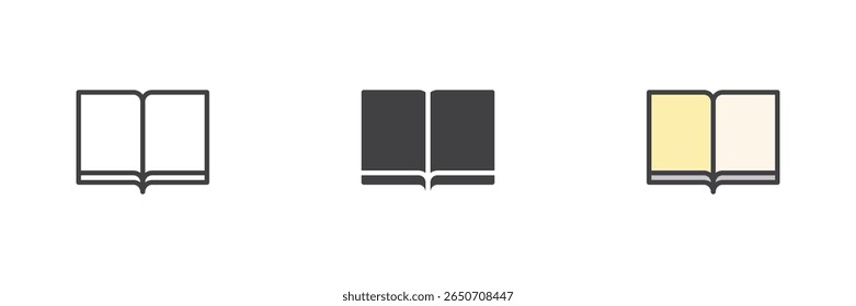Two-page open book icon set. Includes line, solid and filled outline colorful versions. Vector education book icon, symbol and logo for reading and knowledge.