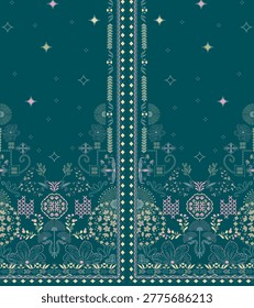A two-panel co-ord set design on a rich teal base featuring symmetrical Mughal-meets-folk motifs. The lower half showcases a dense daman composition with layered florals, paisleys, geometric jaali patterns, and ornamental sprigs in soft mint, blush pink, and pale yellow. A delicate central patti with leafy borders runs down the front opening. The upper body is kept minimal with scattered star and diamond bootis for a balanced, elegant look. Ideal for casual chic or festive daywear.