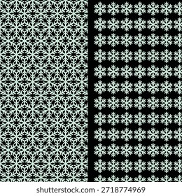 Diseño de dos paneles que compara copos de nieve densos e intrincados con copos de nieve simples alineados en cuadrícula sobre fondos oscuros. Perfecto para proyectos de invierno.