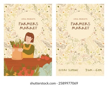 Two-panel farmers market artistic vector poster with illustrated vendor and decorative vegetable pattern background. Features market hours, local products text, and hand-drawn produce elements.