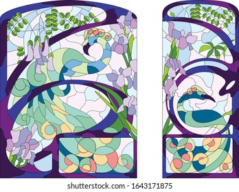 Two-part stained glass window, diptych, peacocks beautiful birds sit on branches and irises grow around them