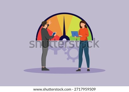 Two-person discussion regarding benchmarking. Benchmarking Concept. Colored flat vector illustration isolated