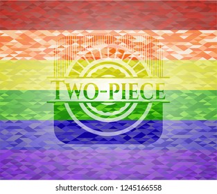 Two-piece emblem on mosaic background with the colors of the LGBT flag