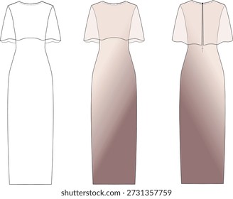 Two-Piece Gradient Evening Dress Flat Sketch with Sheer Top and Beaded Collar