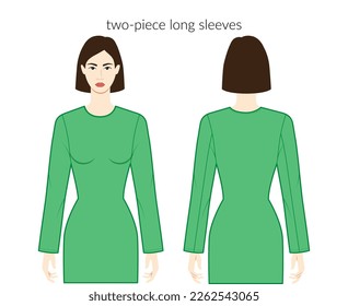 Two-piece sleeves long length clothes character beautiful lady in green top, shirt, dress technical fashion illustration, fitted body. Flat apparel template front, back. Women, men unisex CAD mockup