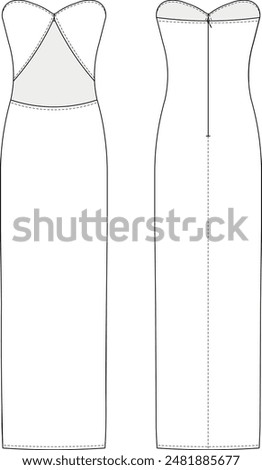 two-piece strapless sleeveless long maxi dress with low-cut tummy dress template technical drawing flat sketch cad mockup fashion woman evening dress gown design