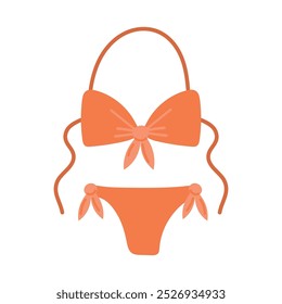 Two-piece swimsuit in orange color with bows. Vector illustration of women's swimwear in flat style.